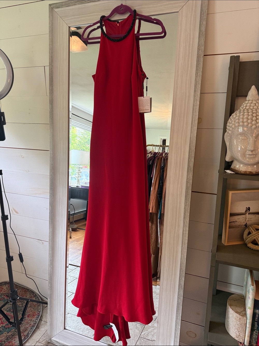 Calvin Klein Red Halter Maxi Dress with Beaded Neckline - Picture 6 of 12